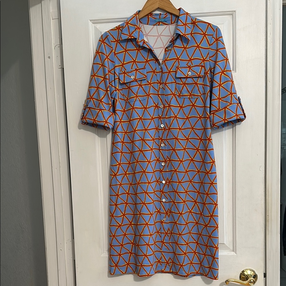 J. McLaughlin Blue and Orange Buttoned Midi Dress